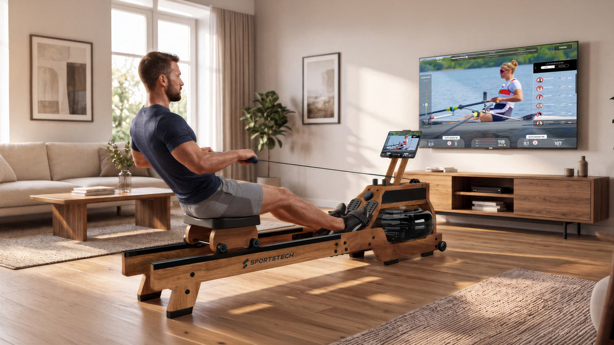 Mann trainiert auf dem Sportstech WRX500 Wasser-Rudergerät im Wohnzimmer vor dem TV