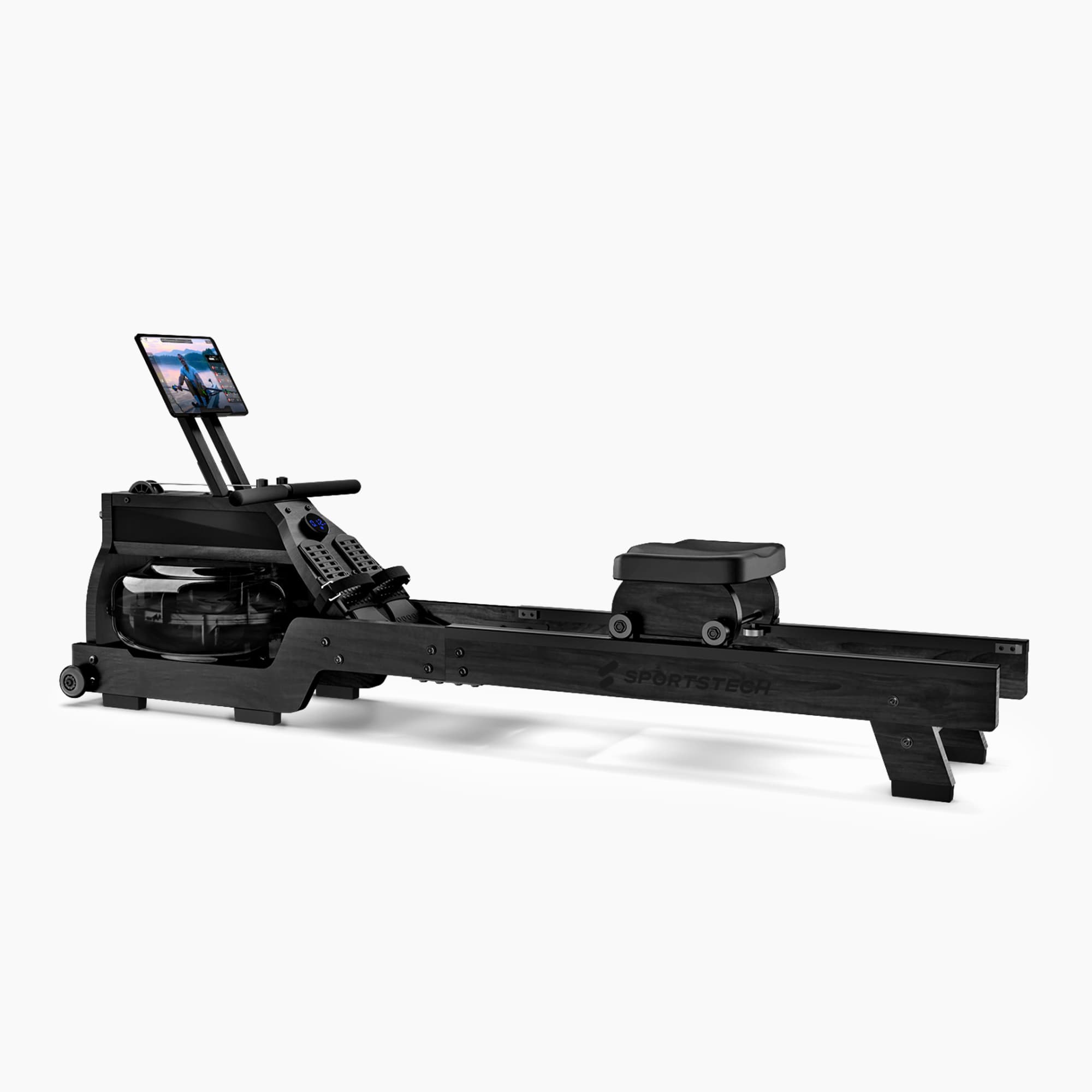 WRX500 Wasserrudergerät in Schwarz in 3/4-Ansicht mit Wassertank, Tablet-Halterung und Sitz