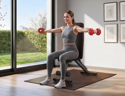 Frau mit Hantel sitzend auf Hantelbank